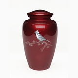 Mother of Pearl Cardinal on Red Cremation Urn